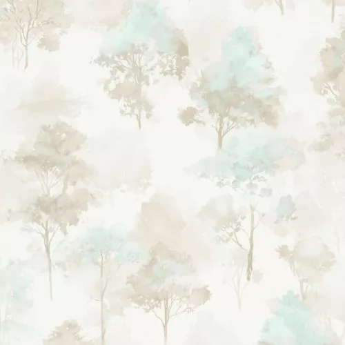 Forest Dreams fehér alapon türkiz-barna akvarell erdőmintás tapéta 10557-02