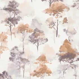   Forest Dreams akvarell erdőmintás fehér alapon padlizsánlila-bronzbarna tapéta 10557-11