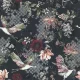 Japandi sítlusú antracit-fekete alapon elegánsan repülő darvas, virágzó cseresznyefaágas tapéta 11191219