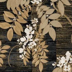  Tahiti matt fekete alapon arany-fehér levél mintás tapéta 13321