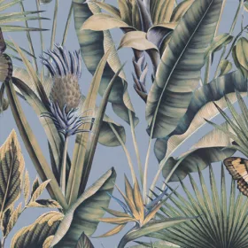   Tahiti kék alapon zöld-barna dzsungel mintás tapéta 13332