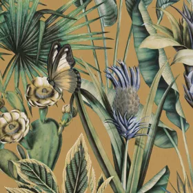   Tahiti okker alapon zöld-kék dzsungel mintás tapéta 13333
