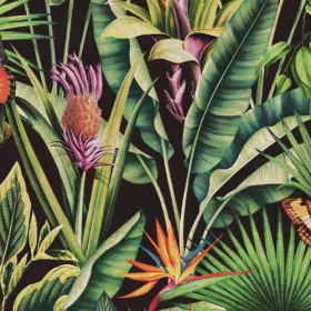 Tahiti fekete alapon színes dzsungel mintás tapéta 13334