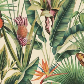 Tahiti bézs alapon színes dzsungeles mintás tapéta 13335