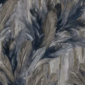   Tahiti acélkék-olajbarna-kagylóezüst selyemfényű glamour levél mintás tapéta 13348