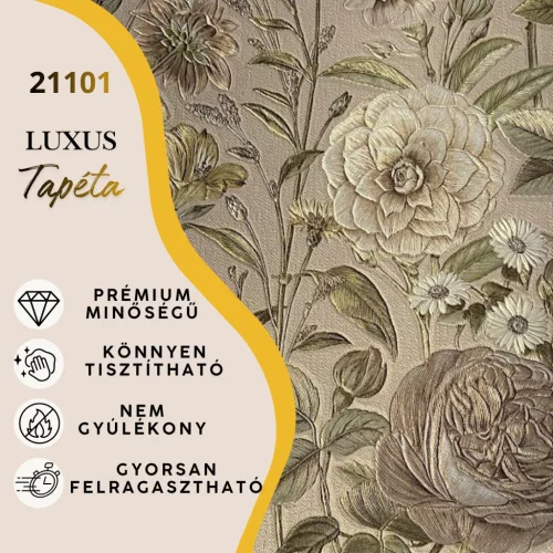Silva Essence bézs alapon aranybarna/kék virág mintás selyemfényű tapéta 21101