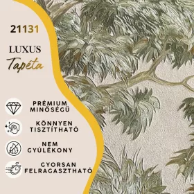   Silva Essence szürkésbarna alapon zöld/arany fa mintás selyemfényű tapéta 21131
