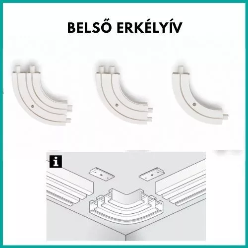 Erkélyív, belső sarok az 1, 2 vagy 3 sínes műanyag karnishoz
