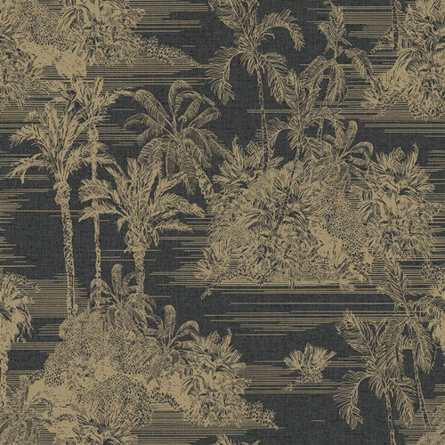 Fekete alapon, sárgaarany színű fás növényi motívumokat ábrázoló tapéta 342888