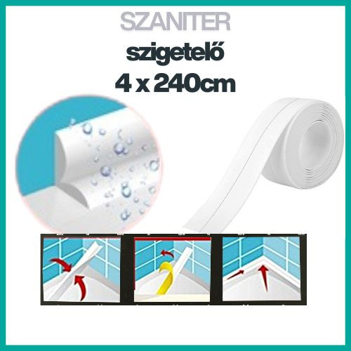 Szaniter szigetelő szegély öntapadós fehér 240 × 4cm, vízálló, fürdőszobai tömítő szalag