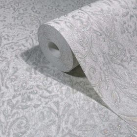   Ritus szürkésfehér alapon fémes halványkék virág mintás tapéta 35529