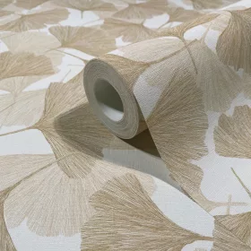   Boho fehér alapon aranybarna ginkgobiloba levélmintás tapéta 35784