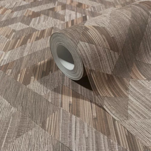 Boho szövetszerű geometrikus parkettamintás, barna árnyalatú tapéta 35789