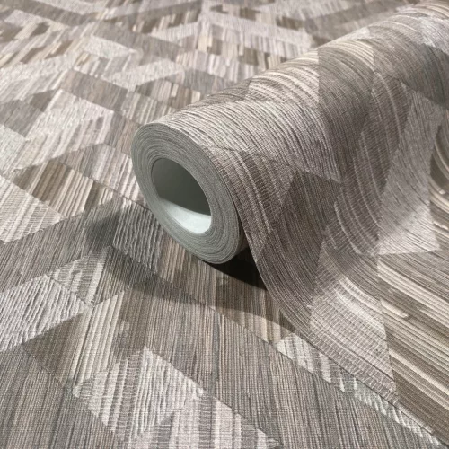 Boho szövetszerű geometrikus parkettamintás, taupe barna-lila színű tapéta 35791