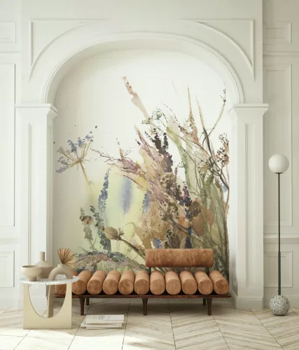 Boho akvarell pasztell barna-zöld árnyalatú festmény hatású növényi kompozíciót ábrázoló tapéta panel 35797