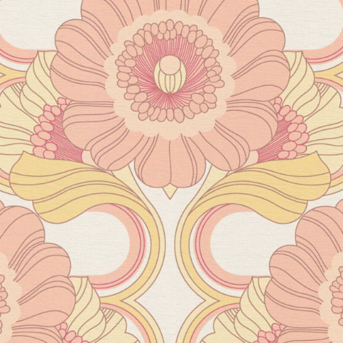 Retro Chic törtfehér, sárga, rózsaszín retro virág mintás tapéta 39530-5