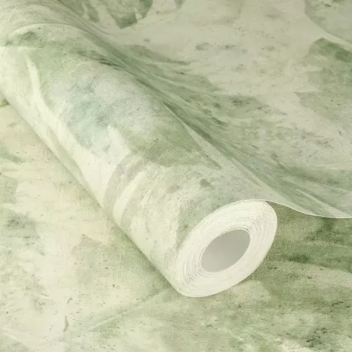Unsere  betonhatású alapon mohazöld nagy levélmotívumos tapéta