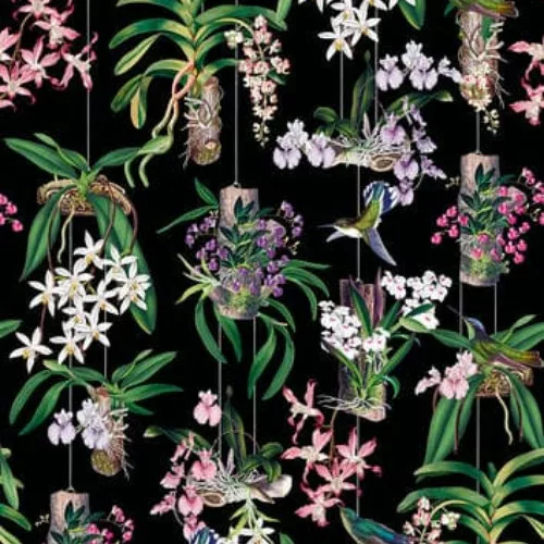 Mona fekete alapon, színes orchideakert mintás tapéta panel 81682