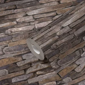 Wood'n stone barna keskeny kőmintás tapéta 9142-17