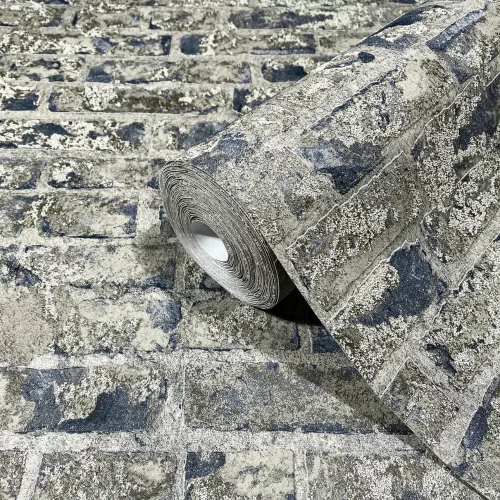 Szürkésbarna-kék tégla mintás tapéta apró szemcsés felülettel 94271