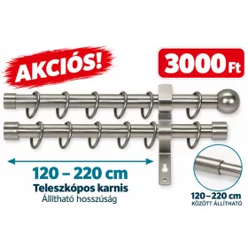   Matt króm színű komplett dupla, állítható karnis, AKCIÓS 120-220cm