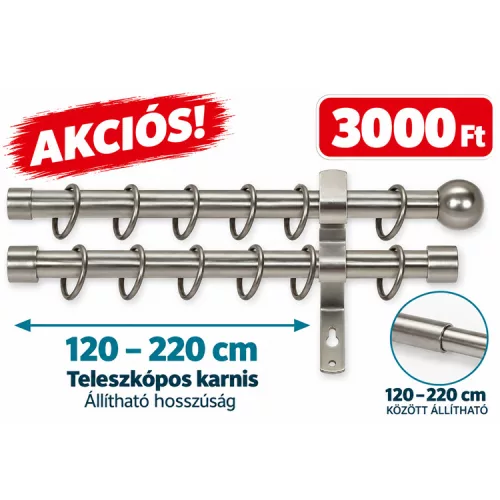 Matt króm színű komplett dupla, állítható karnis, AKCIÓS 120-220cm