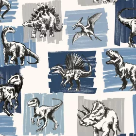   Kids & Teens fehér alapon, kék hátteres fekete dinoszaurusz mintás tapéta G78559