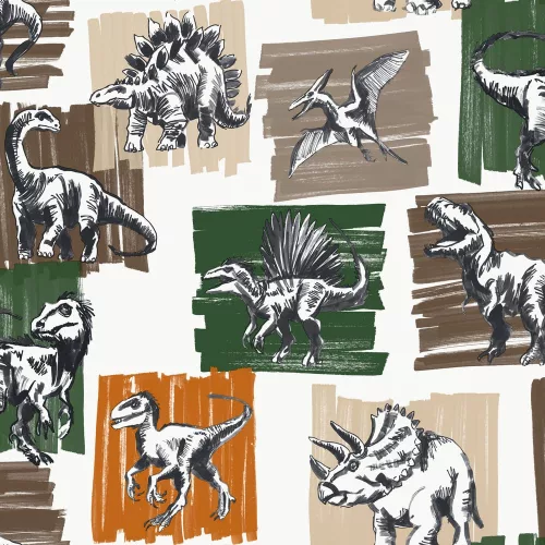 Kids & Teens fehér alapon, zöld-barna-mandarinsárga hátteres fekete dinoszaurusz mintás tapéta G78560