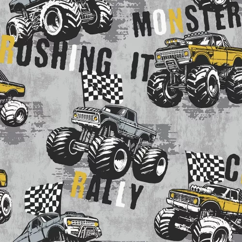Kids & Teens szürke alapon citromsárga-fekete monster truck mintás tapéta G78571