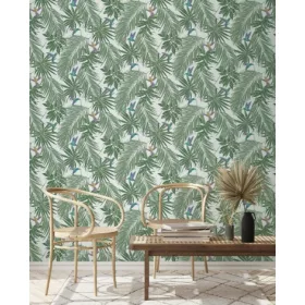  Spirit of Jungle fehér alapon, zöld leveles-madaras tapéta JI47408