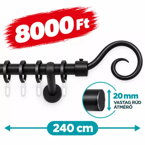 20 mm Fekete komplett karnis, AKCIÓS 240cm
