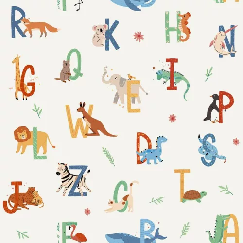Sweet Dreams  fehér alapon színes ABC és kisállat mintás tapéta N06110