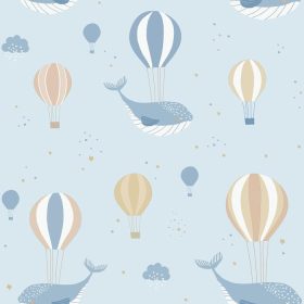   Sweet Dreams babakék alapon, barna léghajós és kék bálnás tapéta N06201