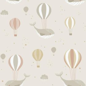   Sweet Dreams sötét bézsbarna alapon, mustársárga léghajós és barna bálnás tapéta N06207