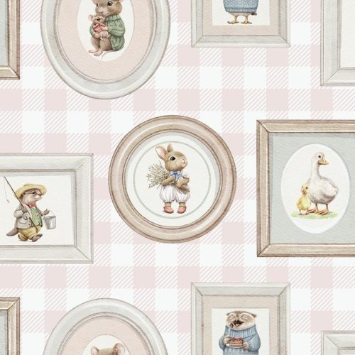 Sweet Dreams rózsaszín-fehér kockás alapon, állatos-képkeret mintás tapéta N06703