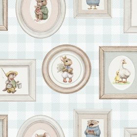   Sweet Dreams zöld-fehér kockás alapon, állatos-képkeret mintás tapéta N06704