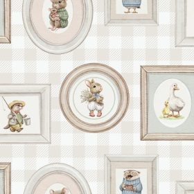   Sweet Dreams bézsbarna-fehér kockás alapon, állatos-képkeret mintás tapéta N06707