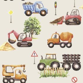   Sweet Dreams fiús bézs alapon színes munkagépes tapéta N06907