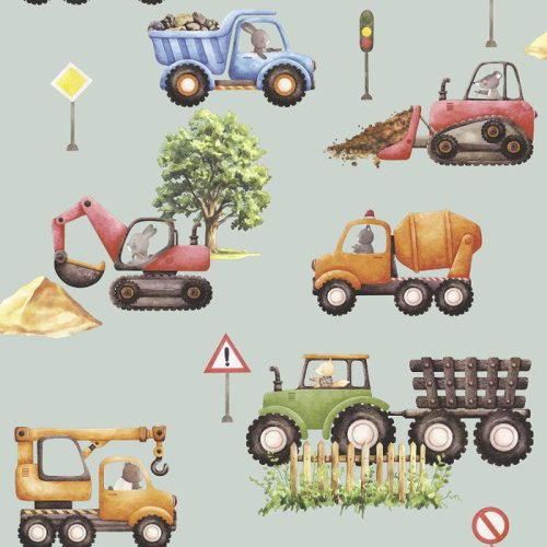 Sweet Dreams fiús zöld alapon színes munkagépes tapéta N06909