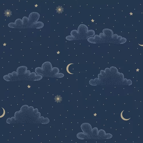 Sweet Dreams mélykék alapon, babakék-pezsgőarany égbolt mintás tapéta N07311
