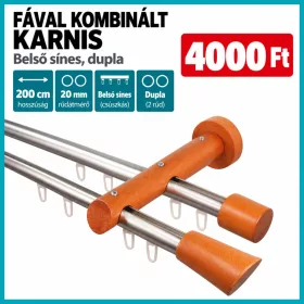 Fa-fém kombinált AKCIÓS dupla karnis, belső sínes 200cm