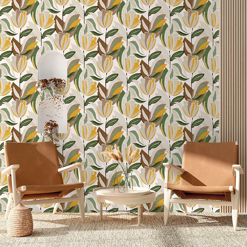 Dolce Vita drapp alapon sárga-barna-zöld tulipán mintás tapéta 11230702 Dolce Vita drapp alapon sárga-barna-zöld tulipán mintás tapéta 11230702
