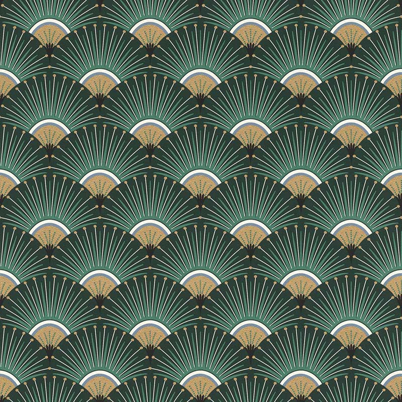 Image of Sötétzöld-arany-fehér art deco mintás tapéta 637618