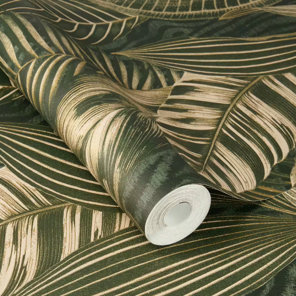 Image of African Queen zöld-szürke-arany egzotikus levél mintás tapéta 751826