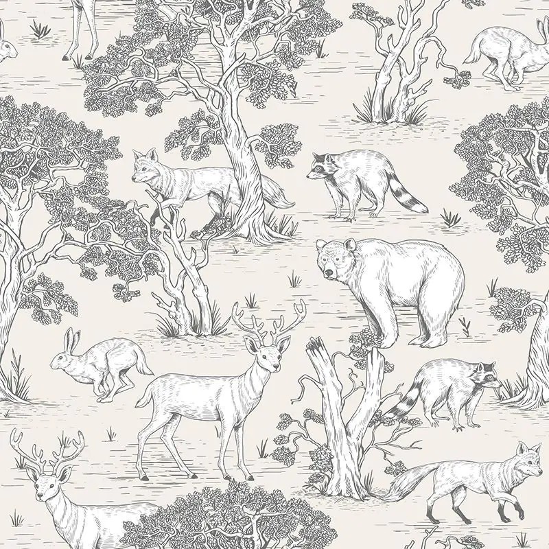 Image of Bézs-szürkésbarna-törtfehér erdei állatos tapéta KOD45809