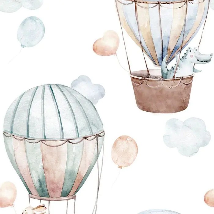 Image of Cuki állatok léghajóval utaznak fehér-színes gyermek tapéta KOD45865